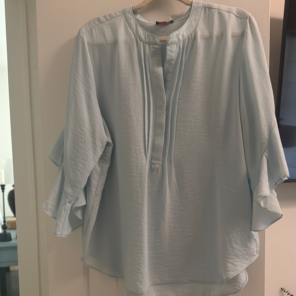 Vince Camuto Blue Boxy Blouse with 3/4 Sleeves and Mandarin Collar